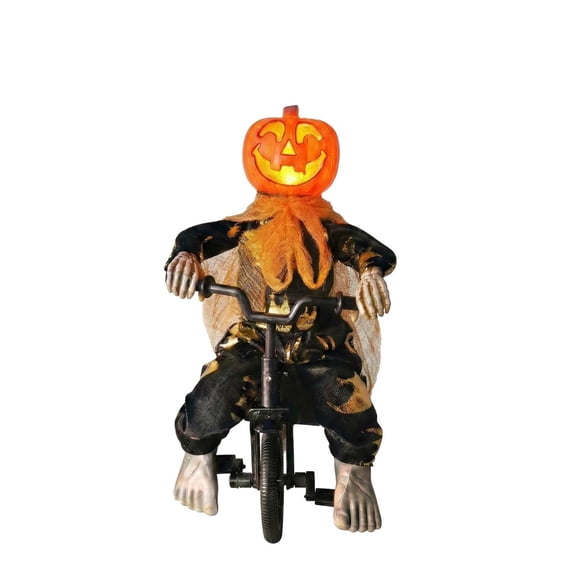 Halloween Animatronics Pumpkin Head Tricycle Doll, LED Light Up Halloween Prop with Motion Sensor, Glowing Jack O Lantern Figure for Porch and Party, Spooky Animated Decor for Fall Display