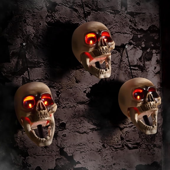 Halloween Animatronics Skull Stakes Pathway Markers, Hanging Animated Decorations, Floating Scary Skeleton with Sound Activated, Talking, Light Up Eyes, Haunted Horror Prop for Indoor, Outdoor (3Pack