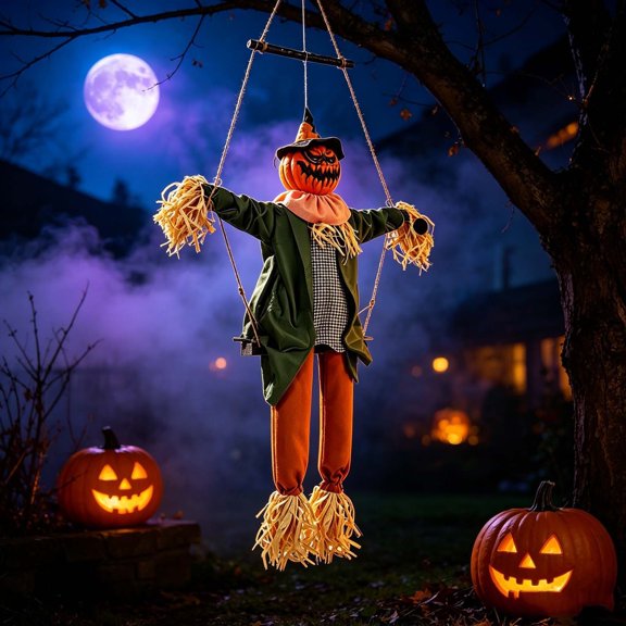 Halloween Animatronics Swinging Pumpkin, Hanging Animated Decorations with Motion Sensor, Creepy Sound, Scary Move, Light Up Eyes, Haunted Decor Horror Spooky Prop for Indoor, Outdoor, Yard Lawn