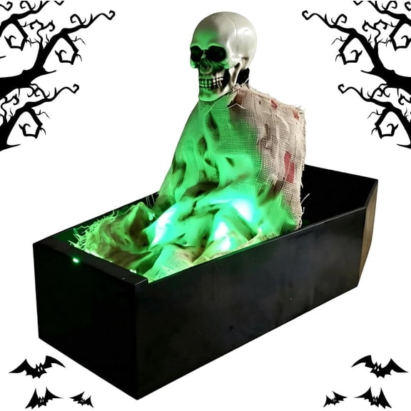 Halloween Animatronics - Voice Activated Spooky Skeleton in Coffin,Realistic Skeleton Figure With Scary Sound And Lights, for Party Yard Porch Lawn Garden Cemetery Park Haunted House