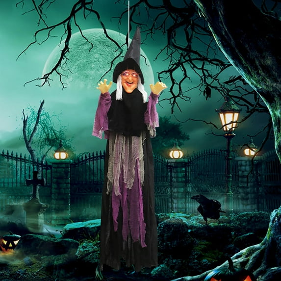 Halloween Animatronics Witch Clearance,Sound Activated Talking Witch with Light, Mouth Can't Open Life Size Witch, Halloween Outdoor Decorations