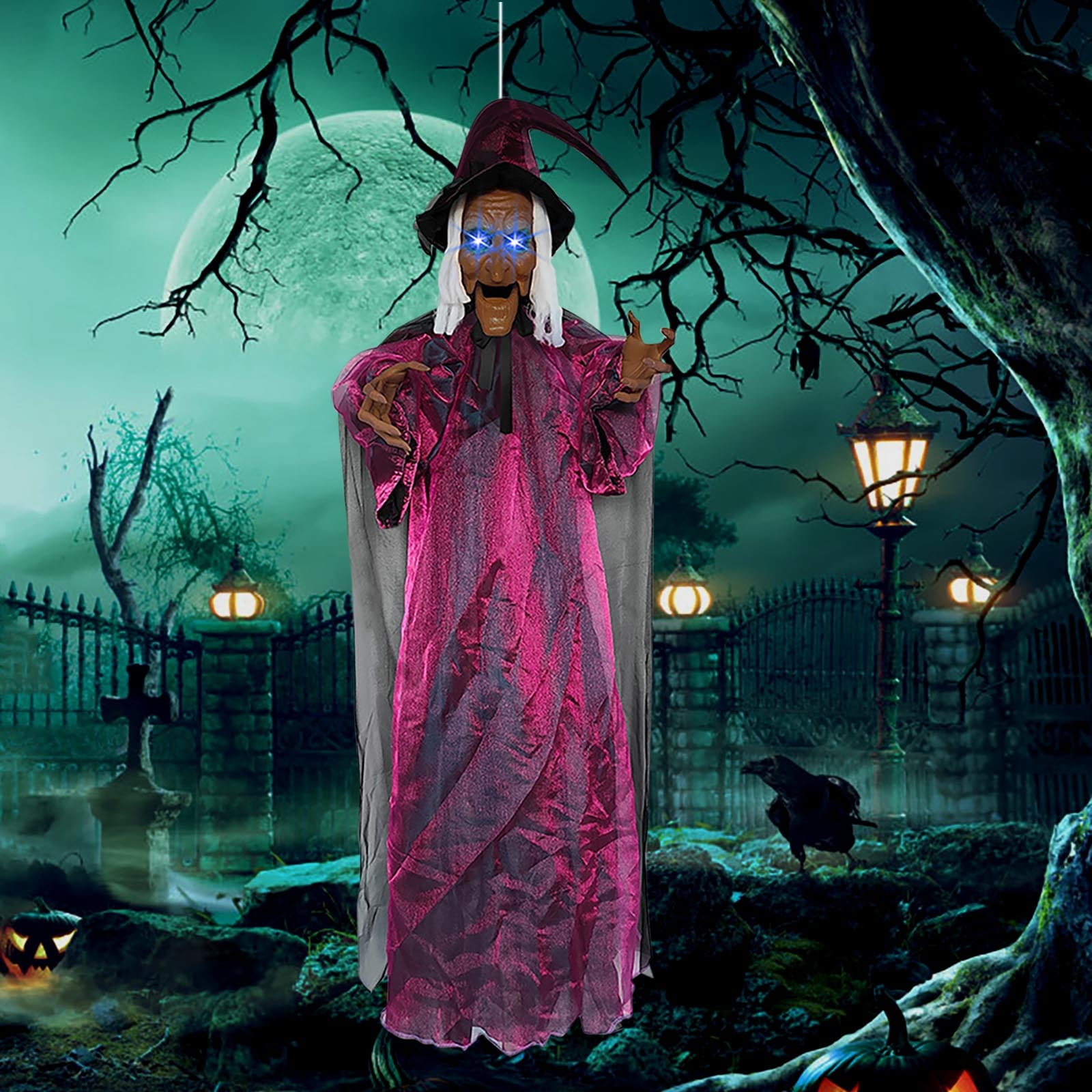 Halloween Animatronics Witch Clearance, Voice Activated Purple Escape Haunt Halloween House Decor & Fright Fest Prop, Life Size Animated Halloween Decoration Outdoor
