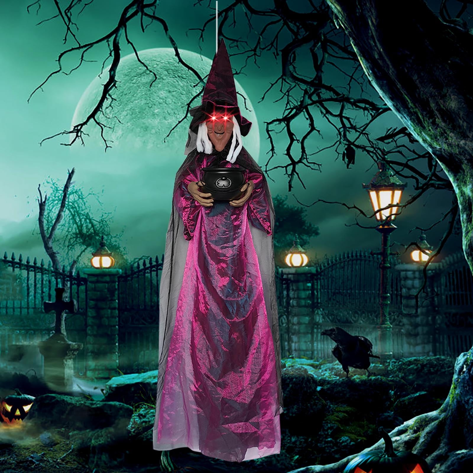Halloween Animatronics Witch Clearance, Voice Activated Purple Escape Haunt Halloween House Decor & Fright Fest Prop, Life Size Animated Halloween Decoration Outdoor