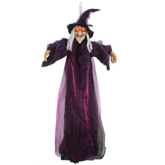 Halloween Animatronics Witch Decorations, 6ft Hanging Witch Halloween Decor, Giant Animated Standing Talking Witch with Red Eyes, Flying Witch Standing Decor for Scary Decors Prop