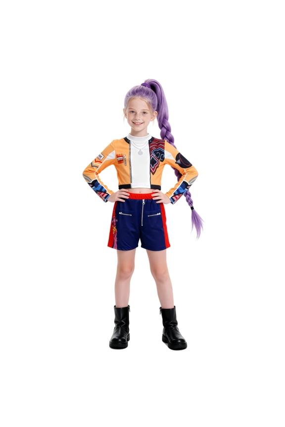 Halloween Anime Cosplay Costume - Orange Purple Sleeveless Top Crop Jacket and Shorts 3-Piece Set - Concert Tour Stage Performance Outfit & Halloween Cosplay Dress Up