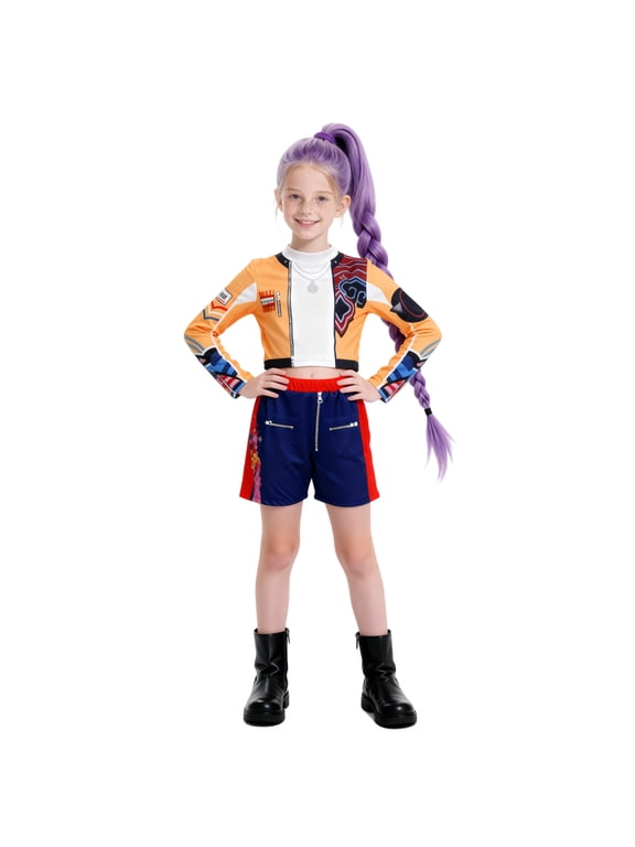 Halloween Anime Cosplay Costume - Orange Purple Sleeveless Top Crop Jacket and Shorts 3-Piece Set - Concert Tour Stage Performance Outfit & Halloween Cosplay Dress Up