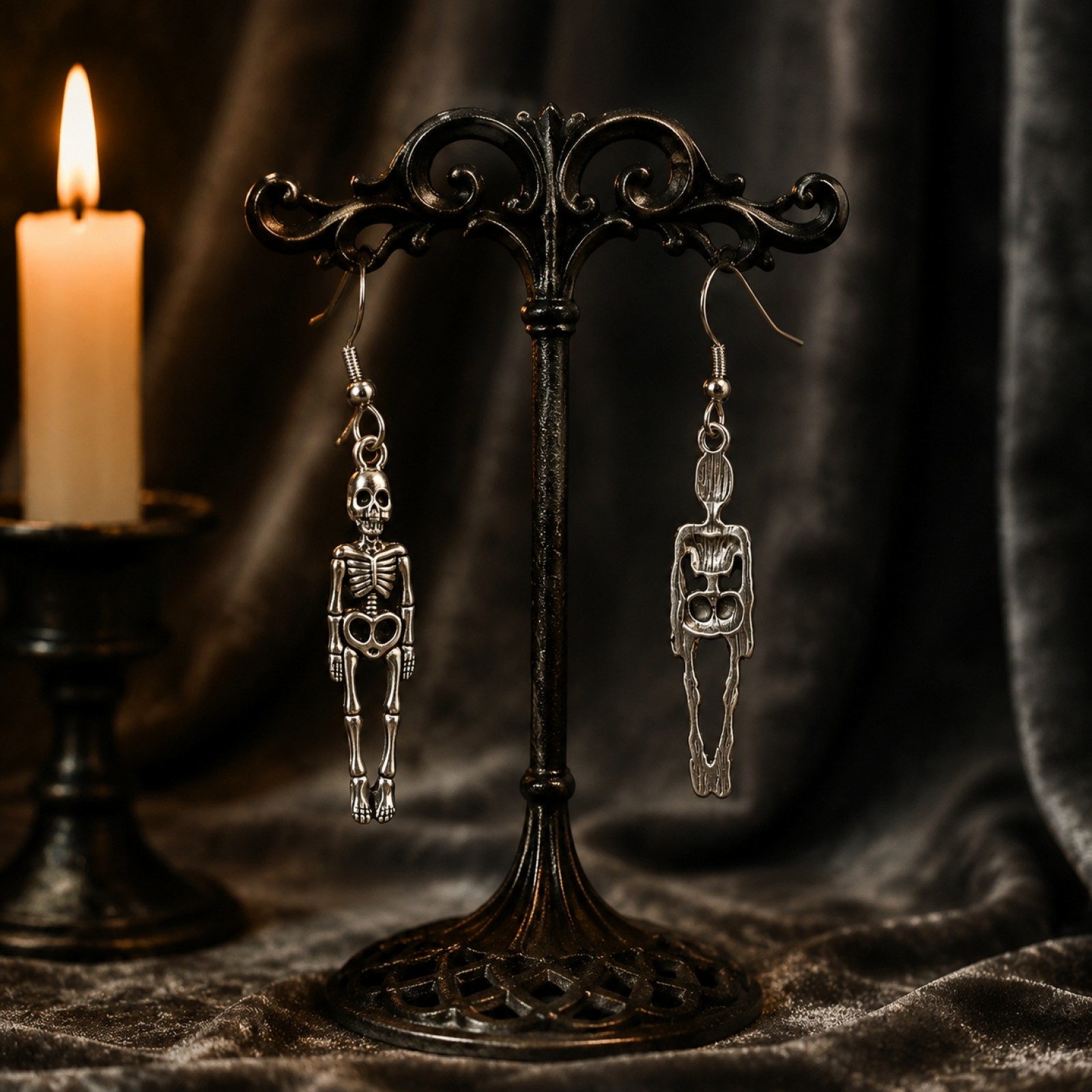 Halloween Antique Silver Full Skeleton Dangle Drop Earrings, 4.33, by Sktrjpolfis