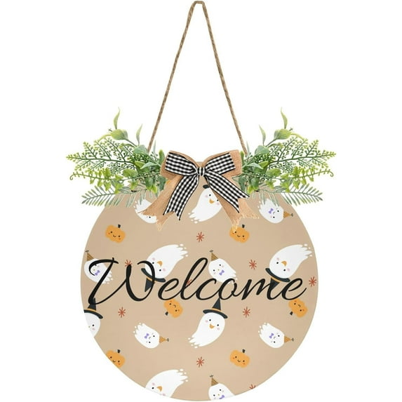 Halloween Apparition Welcome Sign Front Door Round Wall Door Sign with Flowers Hanging Sign for Entryway Front Porch Hallway Yard Garden Home Decor
