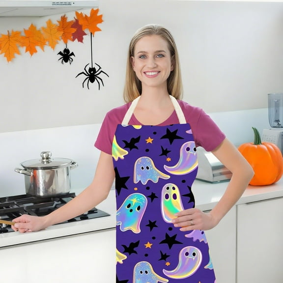 Halloween Apron - Spooky Purple Kitchen Apron for Women/Men, Stain-Resistant Cooking Apron with Pocket, Adjustable Baking Apron for Halloween Parties, Costumes, and Home Decor