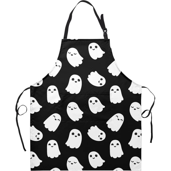 Halloween Aprons for Women Ghost Black Adjustable Apron with Pockets Holiday Horror Bib Aprons for Grilling Cooking Waterproof Festival Bibs For Cooking Cool