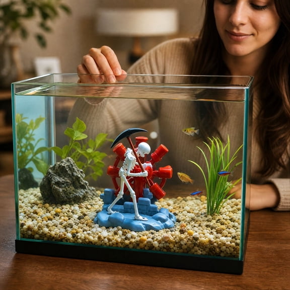 Halloween Aquarium Skeleton Fish Tank Ornament, Air Skeleton Decoration with Bubbler Effect, Spooky Skeleton Decor for Saltwater Tank, Skeleton Aquarium Ornament for Halloween Fish Tank Display