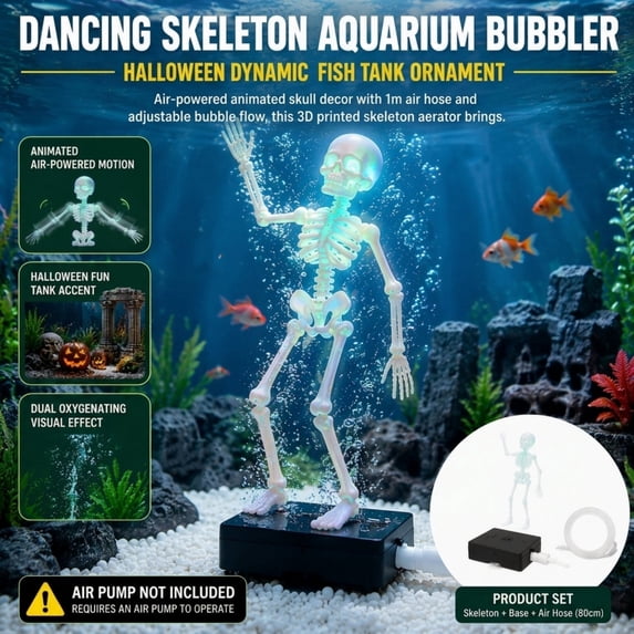 Halloween Aquarium Skeleton Ornament, Multicolor Luminous Dancing Fish Tank Bubbler Decor, White Daytime Swinging Skeleton, Air Pump Compatible Spooky Aquarium Accent, Tank Display Decor