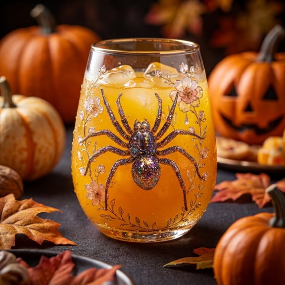 Halloween Araneid Floral Themed Glassware, Halloween Glass Cups with Spider Design, Halloween Handleless Glass for Gothic Party Decor & Fall Gift, 420ml