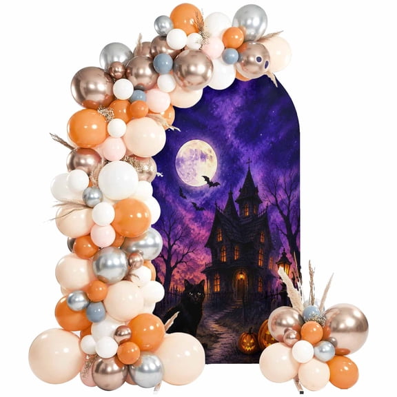 Halloween Arch Backdrop Cover 4 FT, Mystical Night Spooky Forest Haunted House Black Cat Wedding Arch Cover Stretchy Backdrop Stands Covers for Birthday Party Ceremony Banquet Decor