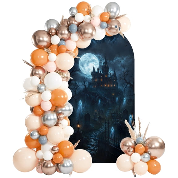 Halloween Arch Backdrop Cover 4 FT, Night Cemetery Ghost Horror Scene Foggy Castle Wedding Arch Cover Stretchy Backdrop Stands Covers for Birthday Party Ceremony Banquet Decor
