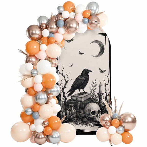 Halloween Arch Backdrop Cover 4 FT, Perched Black Ravens Goth Skull Dark Academia Mystical Study Wedding Arch Cover Stretchy Backdrop Stands Covers for Birthday Party Ceremony Banquet Decor
