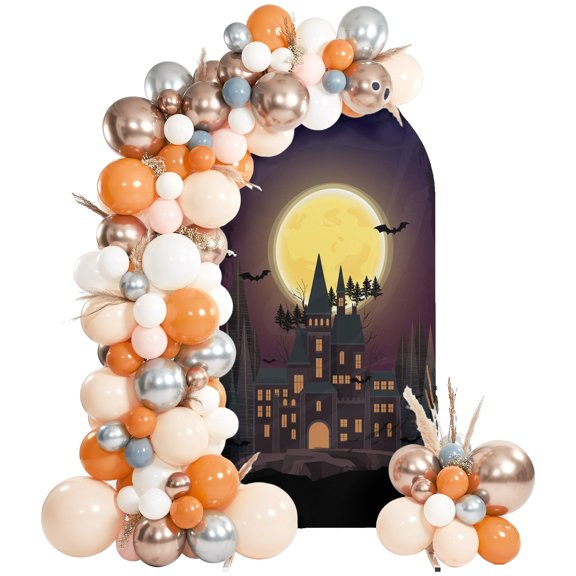 Halloween Arch Backdrop Cover 4 FT, Retro Castle Pumpkin Bat Cartoon Theme Wedding Arch Cover Stretchy Backdrop Stands Covers for Birthday Party Ceremony Banquet Decor