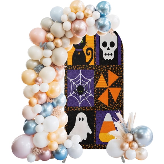 Halloween Arch Backdrop Cover 4 FT, Retro Spooky Black Cat Skull Witch Hat Spiderweb Candy Corn Wedding Arch Cover Stretchy Backdrop Stands Covers for Birthday Party Ceremony Banquet Decor