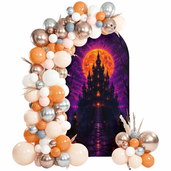 Halloween Arch Backdrop Cover 4 FT, Spooky Castle Red Moon Scene Mysterious Forest Wedding Arch Cover Stretchy Backdrop Stands Covers for Birthday Party Ceremony Banquet Decor
