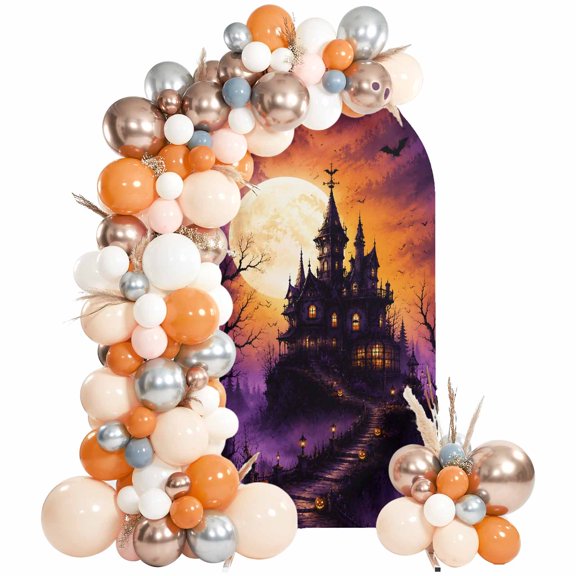 Halloween Arch Backdrop Cover 4 FT, Spooky Haunted Castle Mist Forest Moon Dark night Wedding Arch Cover Stretchy Backdrop Stands Covers for Birthday Party Ceremony Banquet Decor