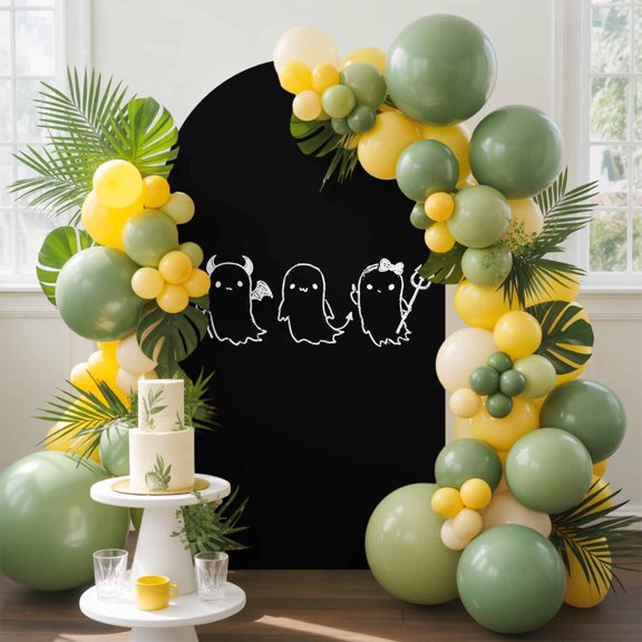 Halloween Arch Backdrop Cover, 4FT, Black Cartoon Line Spooky Devil Ghosts Minimalist Spandex Arch Covers Double-Sided Backdrop for Wedding Birthday Party Photo Background Decoration