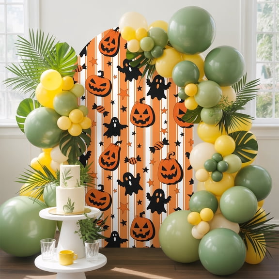 Halloween Arch Backdrop Cover, 4FT, Modern Minimalist Orange Pumpkin Ghost Vertical Stripe Spandex Arch Covers Double-Sided Backdrop for Wedding Birthday Party Photo Background Decoration