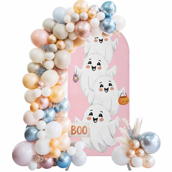 Halloween Arch Backdrop Cover 4x1.65 Ft, Spandex Wedding Arch Stand Cover, Cartoon Cute Ghost Fall Pumpkins Round Top Stretch Fitted Background Covers for Birthday Ceremony Party Decor