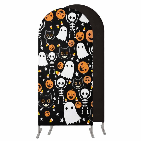 Halloween Arch Backdrop Cover 6 FT,Spandex Wedding Arch Stand Covers Stretchy Backdrop,Orange Pumpkins White Funny Ghost Black Cat Round Top Party Arched Background for Birthday Event Baby Shower