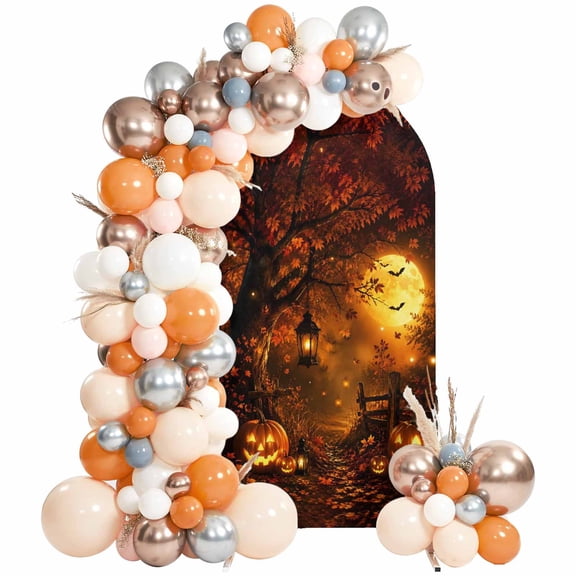 Halloween Arch Backdrop Covers 4 FT, Autumn Harvest Carved Pumpkins Maple Orange Moon Stretchy Fitted Arched Stand Covers Party Arch Stand Cover Photo Booth for Wedding Birthday Decor