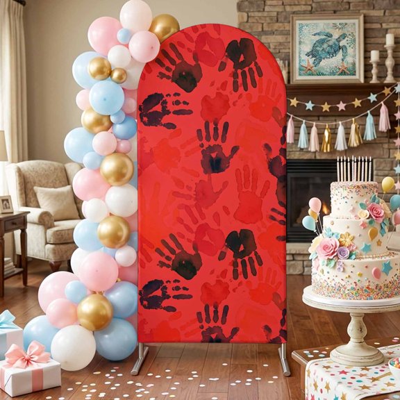 Halloween Arch Backdrop Covers 4 FT, Horror Bloody Handprints Spooky Palms Deep Red Stretchy Fitted Arched Stand Covers Party Arch Stand Cover Photo Booth for Wedding Birthday Decor