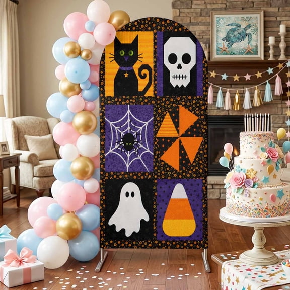 Halloween Arch Backdrop Covers 4 FT, Retro Spooky Black Cat Skull Witch Hat Spiderweb Candy Corn Stretchy Fitted Arched Stand Covers Party Arch Stand Cover Photo Booth for Wedding Birthday Decor