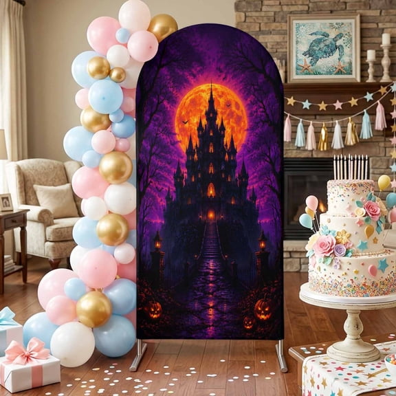 Halloween Arch Backdrop Covers 4 FT, Spooky Castle Red Moon Scene Mysterious Forest Stretchy Fitted Arched Stand Covers Party Arch Stand Cover Photo Booth for Wedding Birthday Decor