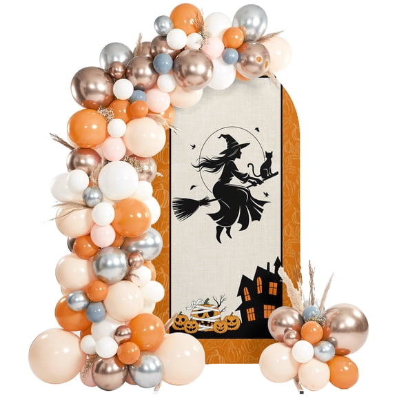Halloween Arch Backdrop Covers 4 FT, Witch Cat Castle Stretchy Fitted Arched Stand Covers Party Arch Stand Cover Photo Booth for Wedding Birthday Decor