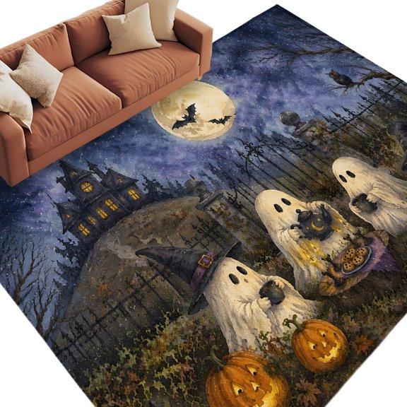 Halloween Area Rug 8x10 Washable Rug Non Slip Horror Ghost Haunted-House Orange Pumpkin Rustic Large Area Rug Soft Stainresistant Indoor Floor Carpet for Living Room Bedroom Office Dining Room