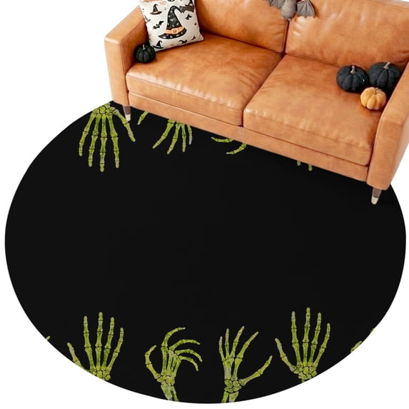 Round Skeleton Rug Halloween Area Rug, Lime Green Horror Spooky Skeleton Hands Black Non ...