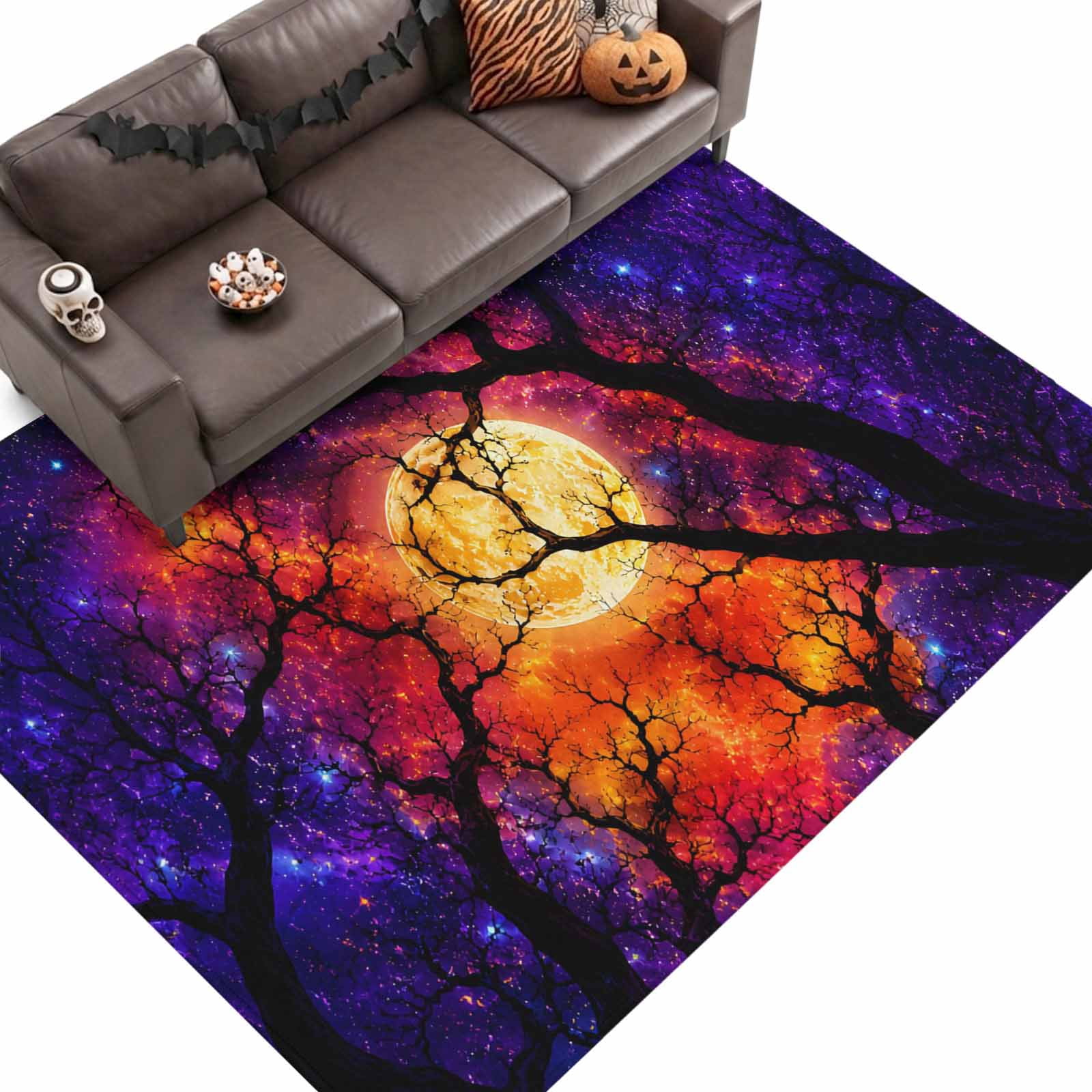 Moon Patterned Rugs Halloween Area Rug, Night Starry Sky Full Moon Mystery Forest ...