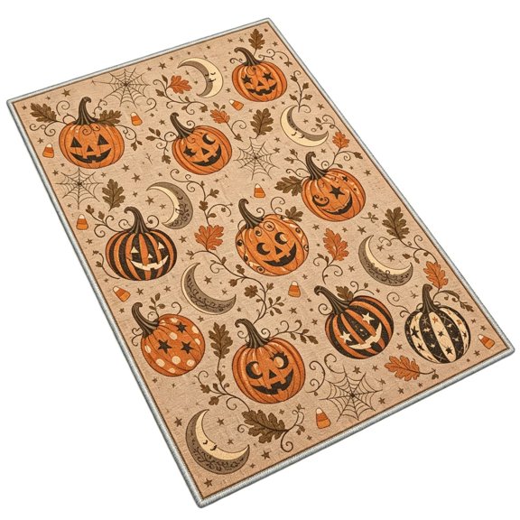 Halloween Area Rug with Pumpkins Moons Maple Leaves Spider Webs Stars, Low-Pile Polyester Carpet for Living Room