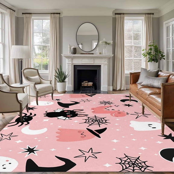 Halloween Area Rugs 5'x8', Washable Small Throw Rugs for Classroom Bedroom, Cute Cartoon Ghosts Black Bat Moon Star Pink Indoor Outdoor Rug Non-Slip Low Pile Carpet Runner Reversible Floor Mats