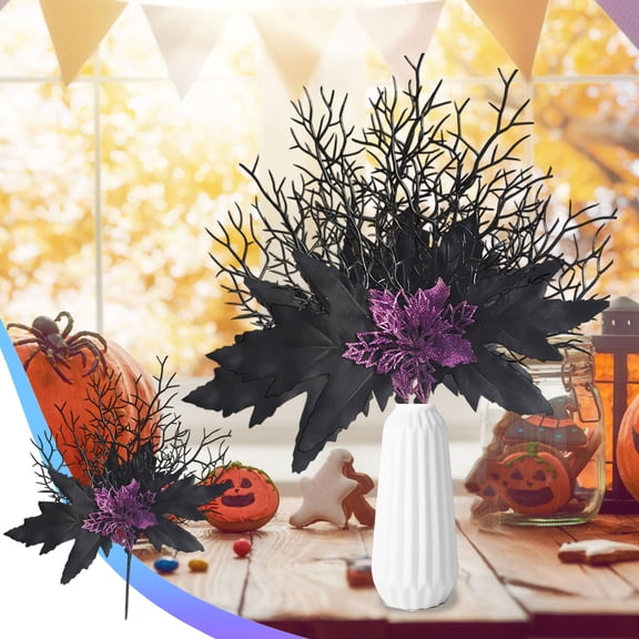 Halloween Artificial Black Branches with Purple Flowers Plastic Dead Branch Decor for Wreaths Centerpieces