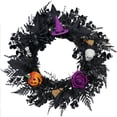 thumbnail image 1 of Halloween Artificial Black Foliage Wreath with Witch Hat, Spider, Skull, Pumpkin and Purple Rose | Spooky Halloween Wreath for Front Door Porch Wall Home Party Decor, 1 of 9