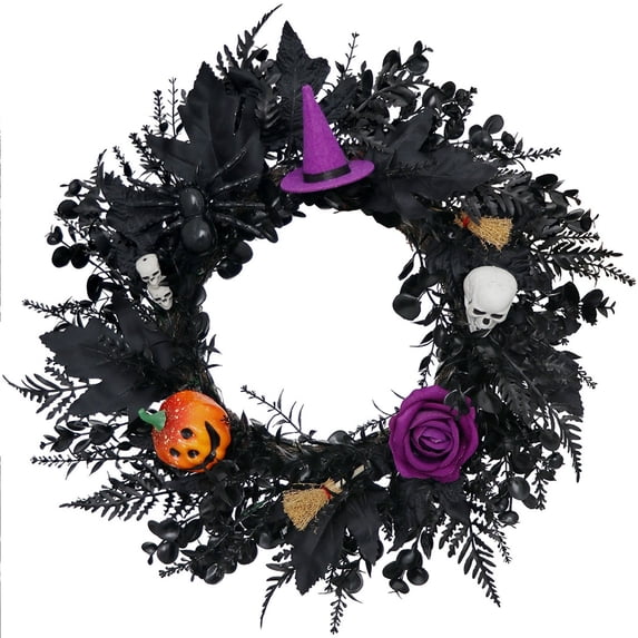 Halloween Artificial Black Foliage Wreath with Witch Hat, Spider, Skull, Pumpkin and Purple Rose | Spooky Halloween Wreath for Front Door Porch Wall Home Party Decor