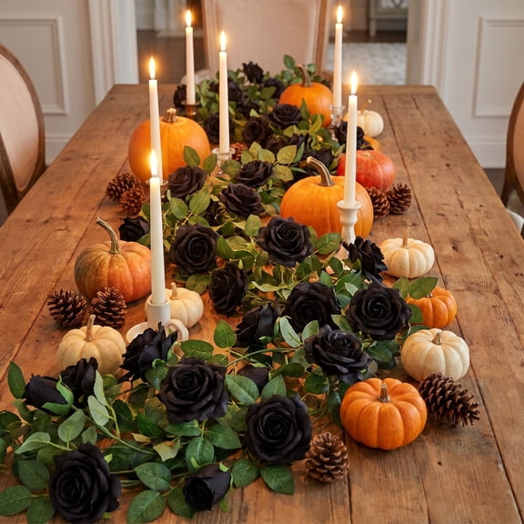 Halloween Artificial Black Rose Vines Plastic Fake Flower Garland Decoration Gothic Hanging Vine Front Door Window Wall Party Scene Ornament Holiday Decor Spooky Atmosphere Display
