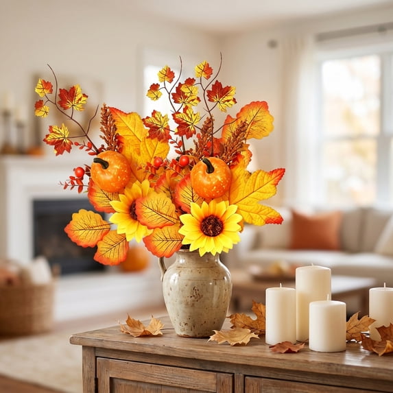 Halloween Artificial Branches, Fall Maple Leaf Pumpkin Flower Stems For Vase Decoration, Autumn Home Decor Accent For Table Mantel Office Party Thanksgiving And Seasonal Displays