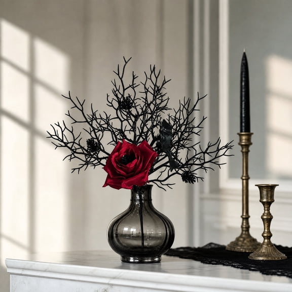 Halloween Artificial Dead Rose Branch, Black Creepy Twig Stems, Wilted Flower Spray, Plastic And Silk Gothic Vase Decor For Home Fall Parties