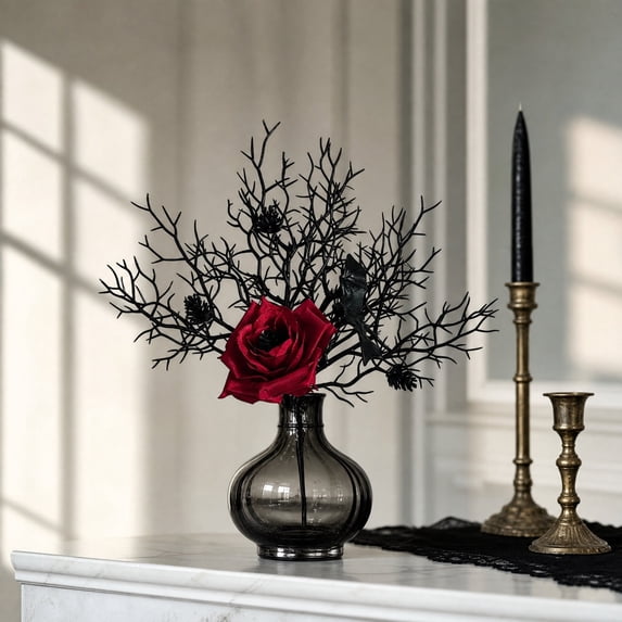 Halloween Artificial Dead Rose Branches, Black Creepy Twig Stems Wilted Flower Spray, Fake Floral Picks for Vase Home Fall Decoration, Spooky Halloween Decor
