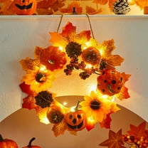 Halloween Artificial Fall Wreath for Front Door,Thanksgiving Decorations Outdoor Wreaths with LED Lights,Harvest Wreath with Sunflower Pumpkin Berryand Pinecone