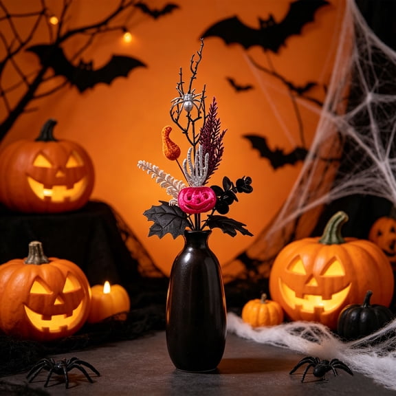 Halloween Artificial Floral Stems Picks, Spooky Gothic Fake Twig Branches with Pumpkin Ghost Maple Leaf, Adjustable Bendable Floral Inserts for Vase Arrangement Indoor Home Table Halloween Decor