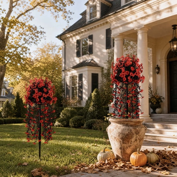 Halloween Artificial Flower Garden Stake, Red Fake Flower Bush With Black Foliage, Waterproof Outdoor Yard Floral Spike Decor For Halloween Party Porch Walkway