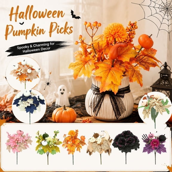Halloween Artificial Flower Stems, Faux Fall Stems, Fall and Halloween Decor, Halloween Decorations, 12 X 12 Inch Full Orange Maple Leaf Decorative Pick with Mini Pumpkin Accent