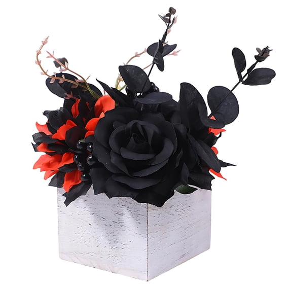 Halloween Artificial Flowers, Gothic Desktop Ornament, Dark Orange Wooden Box Faux Blooms, 4.1 x 4.1 x 8.7 in, Fall Theme for Day of the Dead